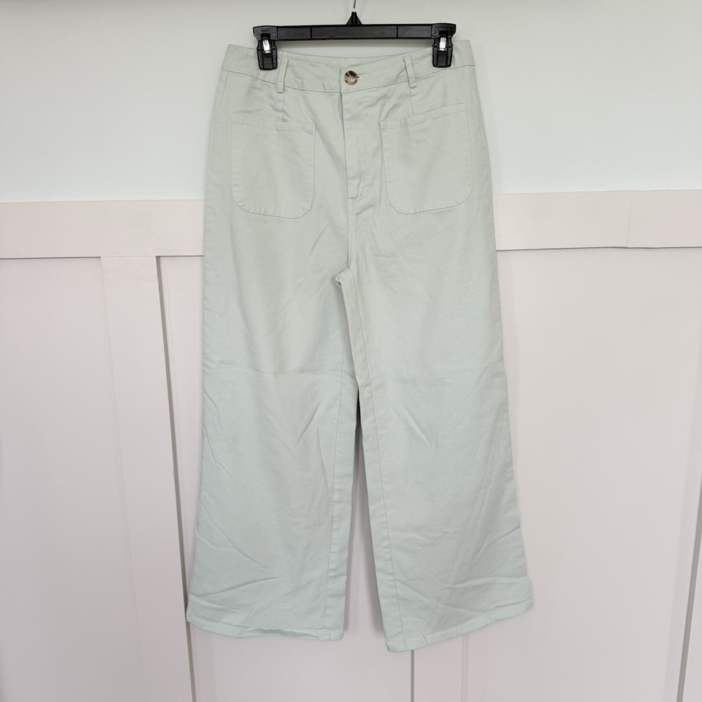 Entro High Waisted Cropped Wide Leg Pants LARGE Mint Cotton Preppy Stretch